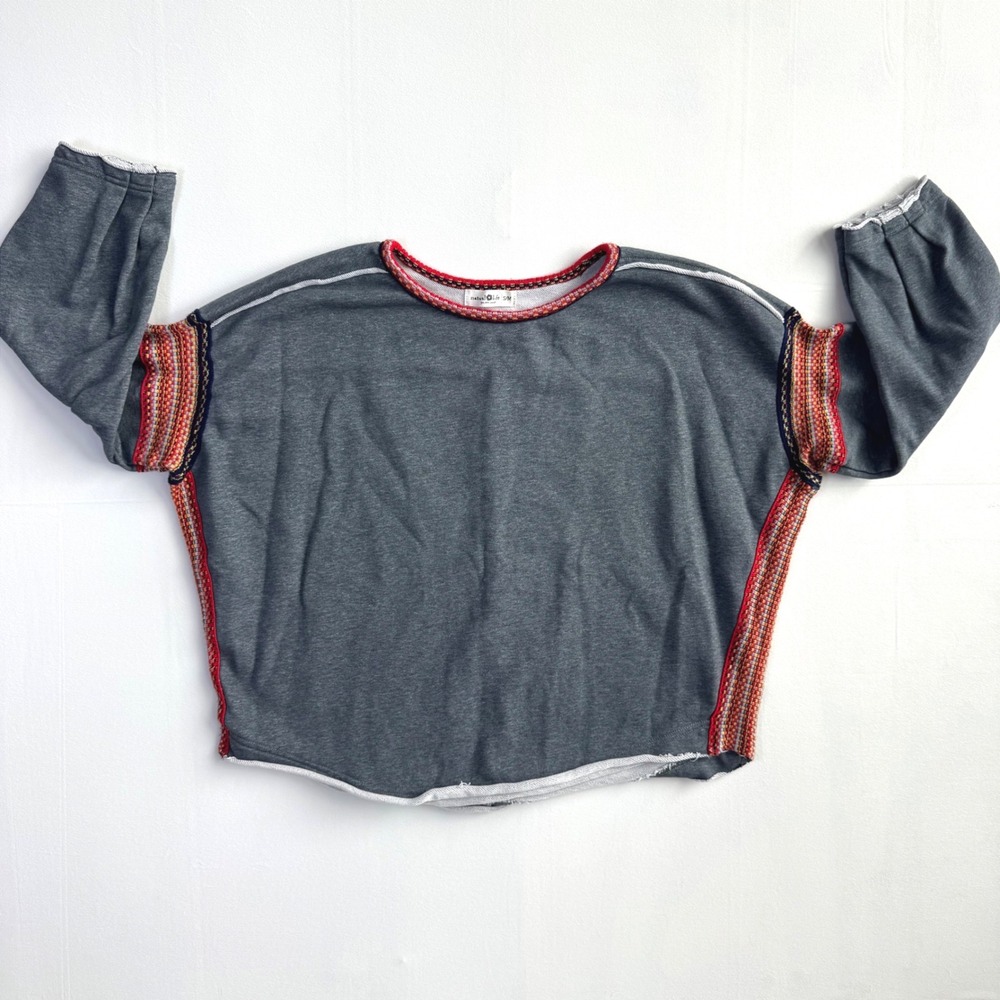 Natural Life Gray Knit Trim Sweater SM Boho oversized cozy Pullover cotton blend - Picture 2 of 11